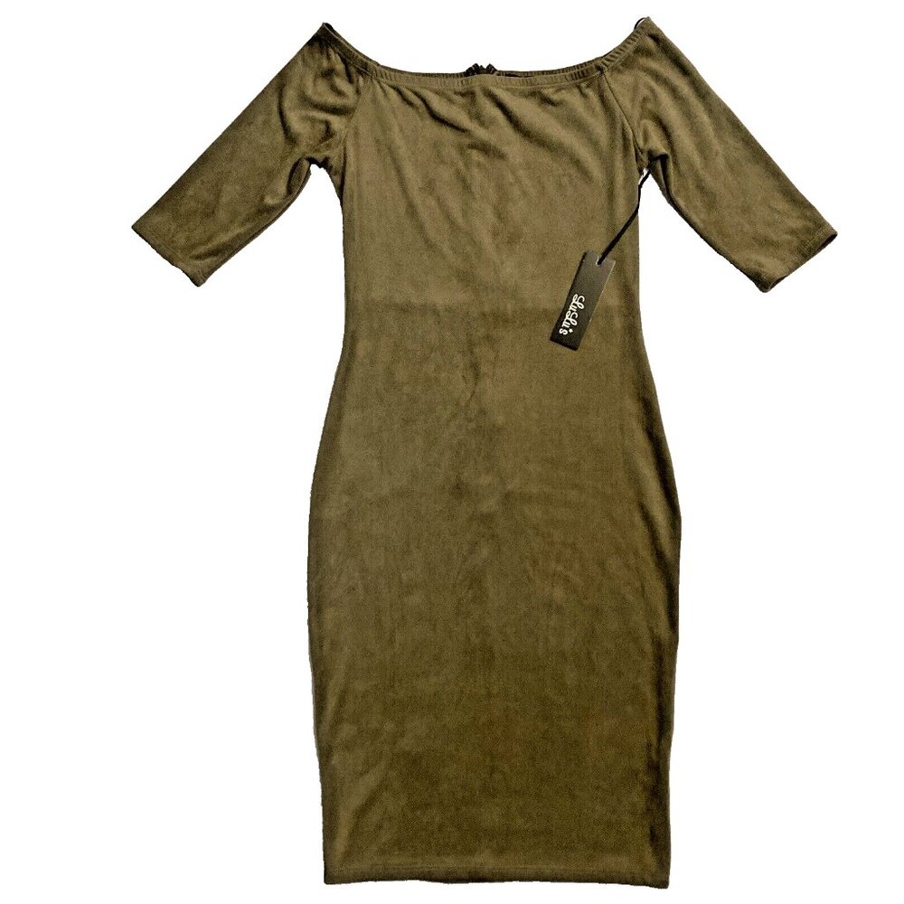 Lulu’s Olive Green Off-the-Shoulder Dress Velvet Knee Bodycon Women's Small